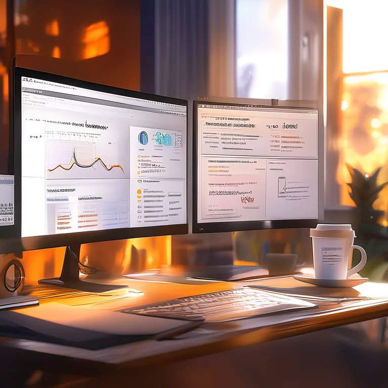 A close-up of a content strategist's desk in warm natural light, with a dual-monitor setup showing an EEAT audit dashboard—author bios, citation sources, trust signals, and authority score gauges—on the left screen and a published article with highlighted EEAT elements on the right, framed by a coffee cup, notebook, and professional editorial atmosphere.