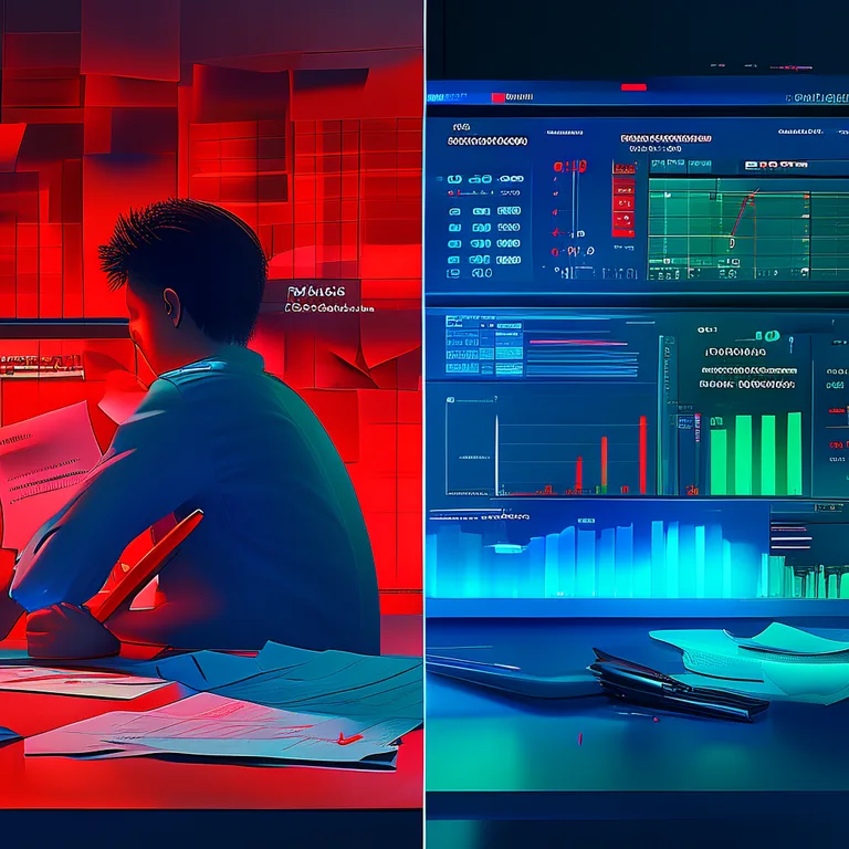 A split-screen illustration: on the left, a frustrated marketer hunched over a spreadsheet manually tallying keyword density with a red pen, papers scattered around; on the right, a sleek autonomous AI dashboard glowing in clean blue and green tones, displaying real-time ranking scores, semantic gap charts, and competitor comparison bars.