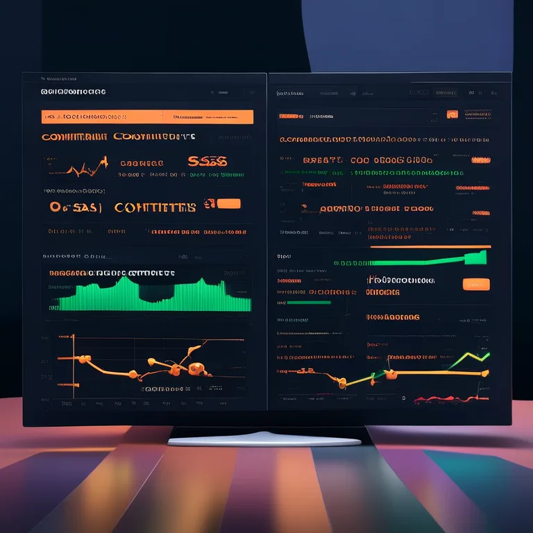 A clean, modern SaaS dashboard interface showing a competitor content gap analysis in two side-by-side columns—one for a competitor's page and one for the user's page—with missing entities, missing questions, and missing internal links highlighted in orange and green, overlaid with a subtle upward-trending ranking graph.