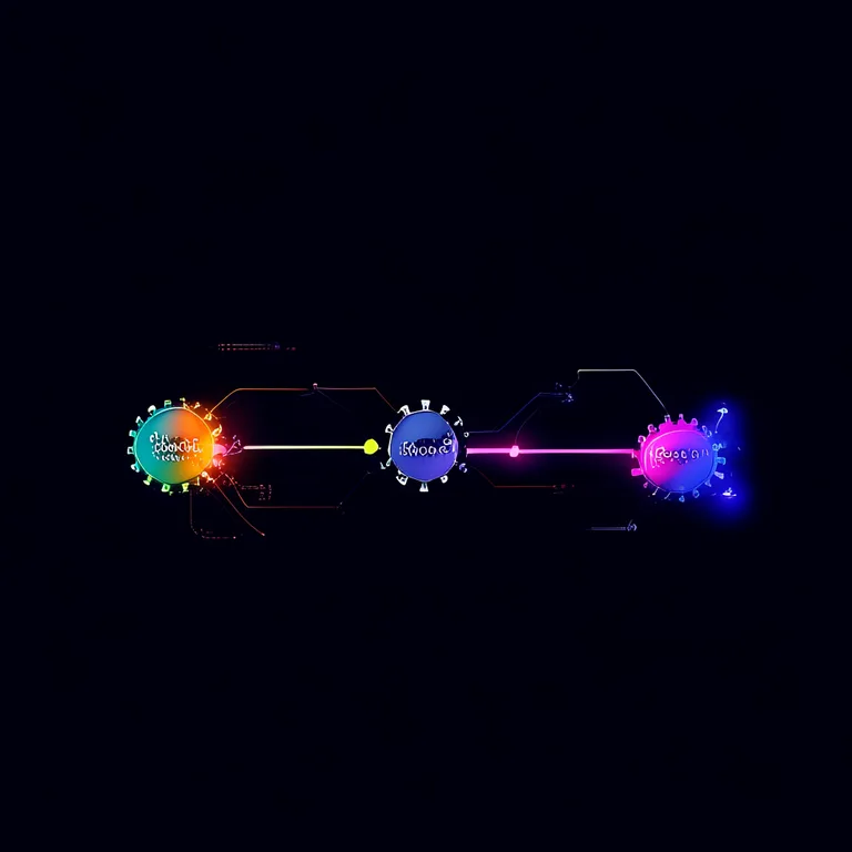 A visual flowchart of a multi-agent AI content pipeline on a dark navy background with clean white labels: five connected nodes labeled Research, Write, Audit, Optimize, and Publish, each glowing in a distinct color, with small gear icons and luminous data streams flowing between them.