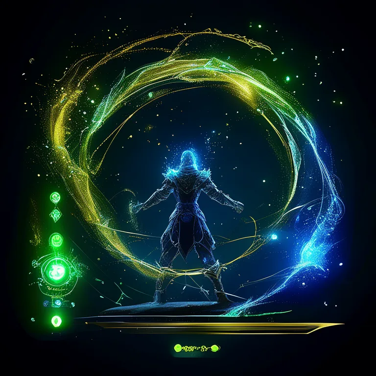 A Unity scene view rendered as a dark fantasy environment, featuring a heroic player character at the center surrounded by…