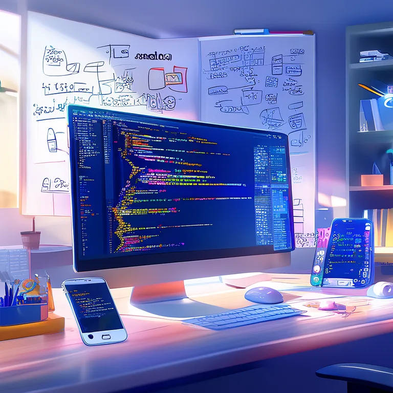 A clean, modern developer workspace bathed in soft natural light, featuring a large monitor displaying the Android Studio…