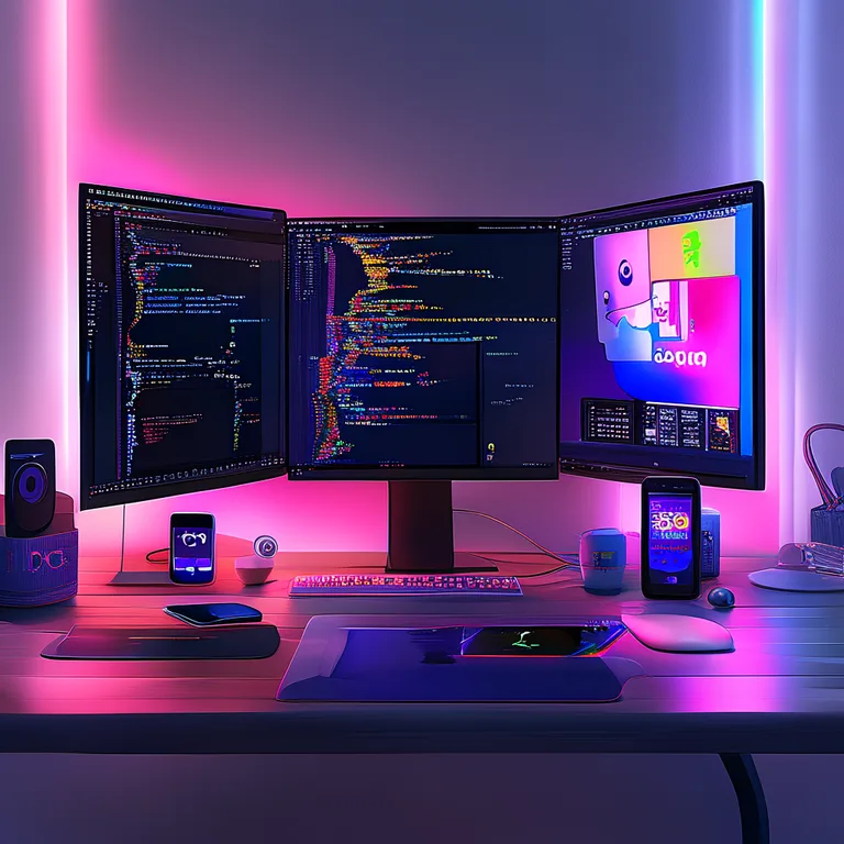 A modern minimalist developer workstation with dual monitors, one showing the Android Studio code editor and the otherβ¦