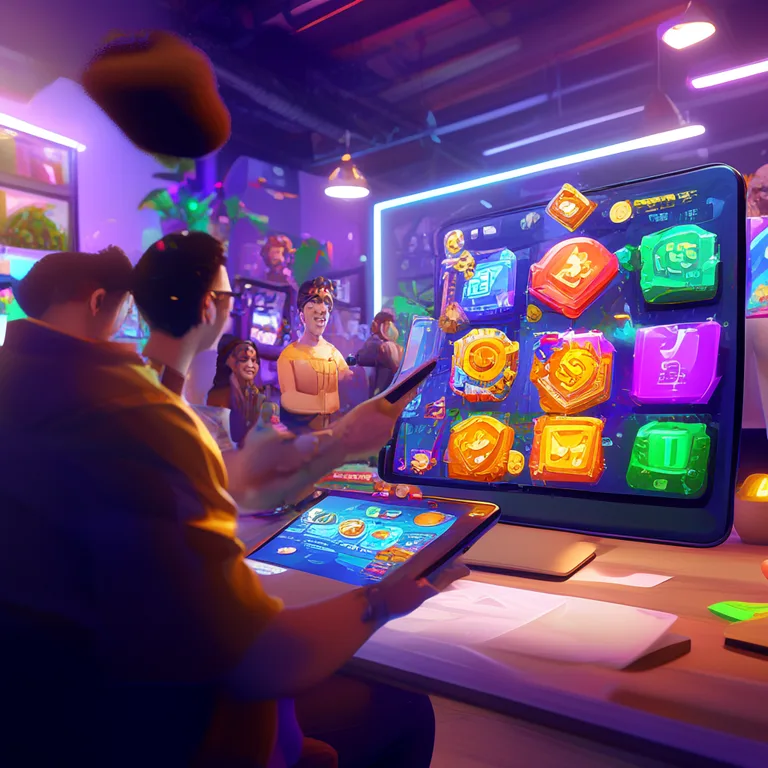 A game designer in a bright, collaborative studio environment reviewing a mobile game's in-app purchase screen on a largeβ¦