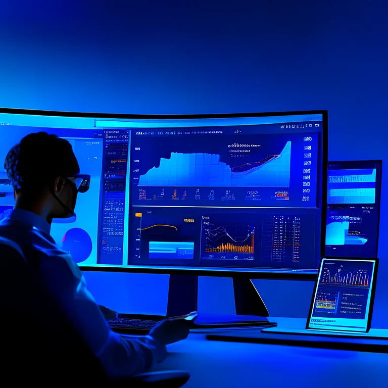A developer in a modern office with blue accent lighting analyzing a Google Play Console dashboard on a large monitor, whichβ¦