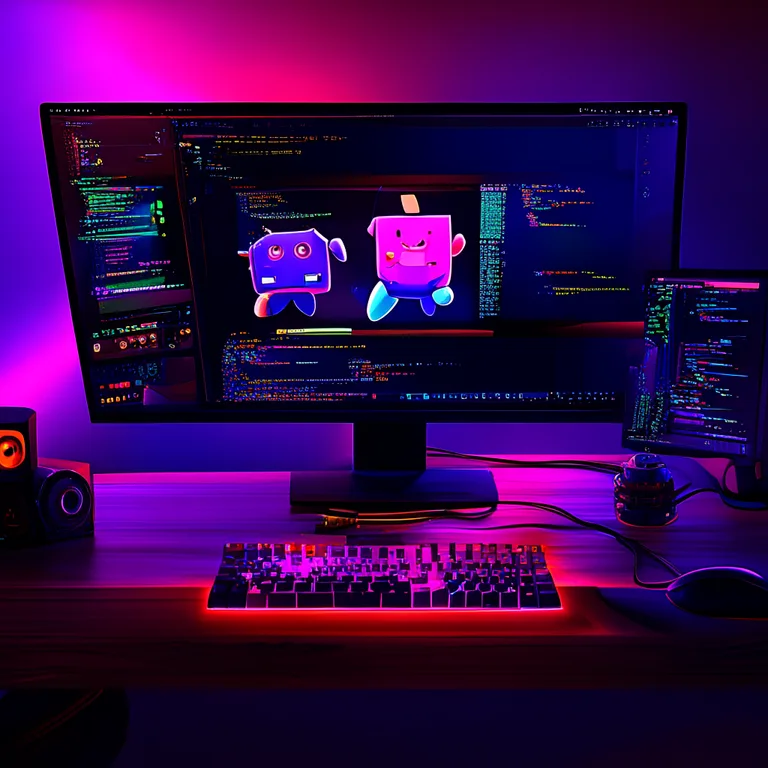 A modern developer workspace bathed in warm ambient lighting, featuring a large monitor displaying the Android Studio…