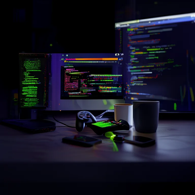 A focused developer debugging an Android game on a physical smartphone connected via a white USB cable, with Android…