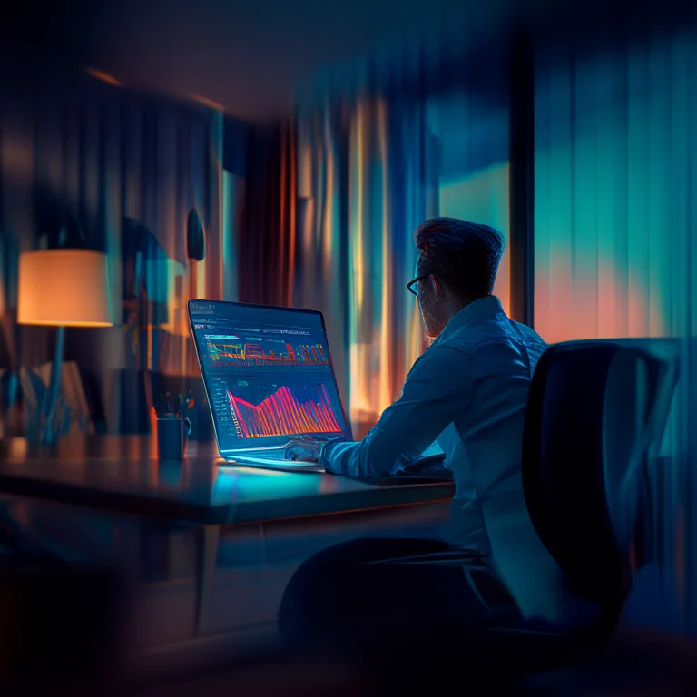 A small business owner sits at a clean modern desk reviewing an AI SEO dashboard on a laptop, its screen glowing with charts…