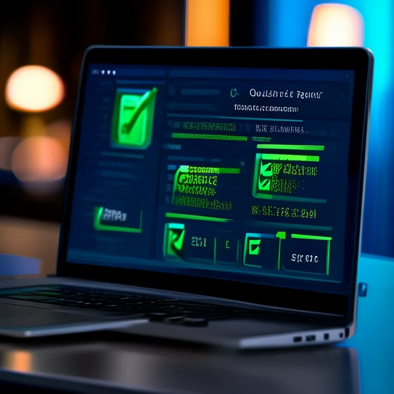 A close-up of a laptop screen displaying a content quality score dashboard with green checkmarks beside brand voice…