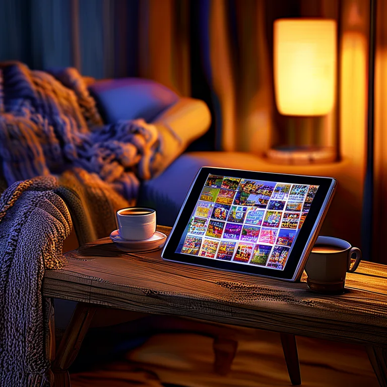 A cozy digital reading nook featuring a tablet propped on a wooden stand displaying a vibrant grid of book cover thumbnails…