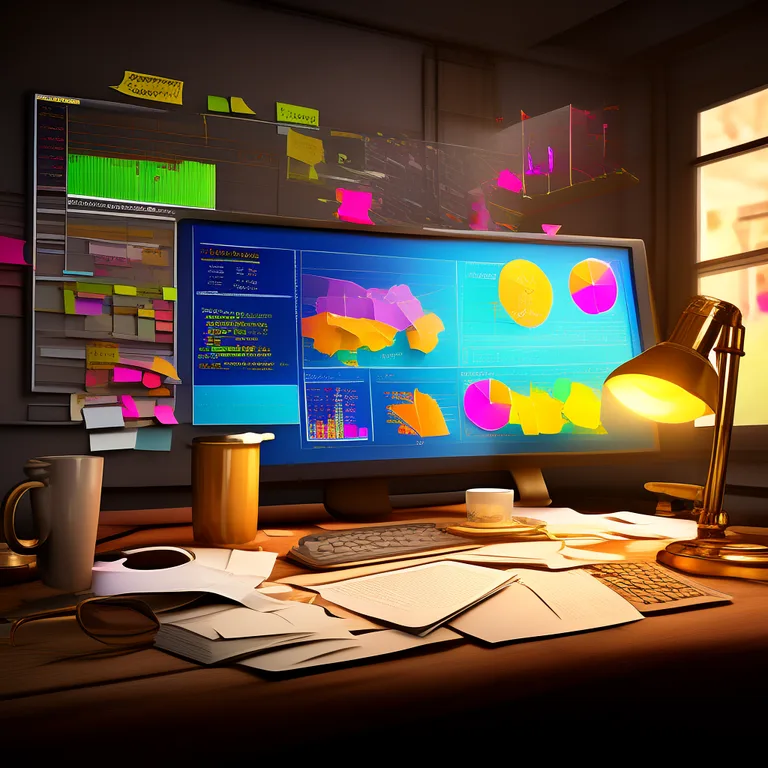 An author's workspace with a large monitor displaying colorful sales analytics dashboards and book cover design mockups…