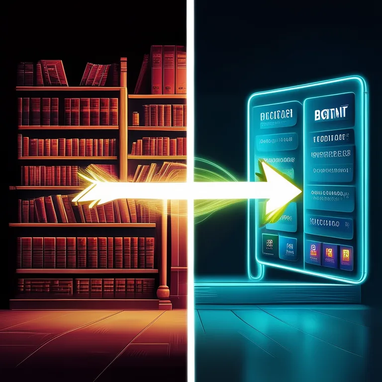 A split-screen digital illustration contrasting traditional and modern book bundling — the left side shows a warm, nostalgic…