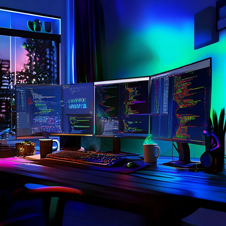 A photorealistic modern developer workspace bathed in bright natural window light, featuring dual monitors where one screenβ¦