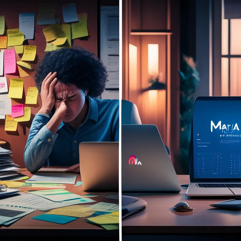A split-screen comparison scene: on the left, a cluttered desk covered in sticky notes and printed keyword reports with a…
