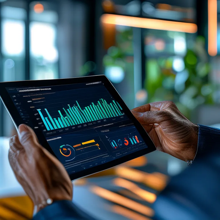 A close-up of a business owner's hands holding a tablet that displays a Daily Intelligence Briefing dashboard with charts…