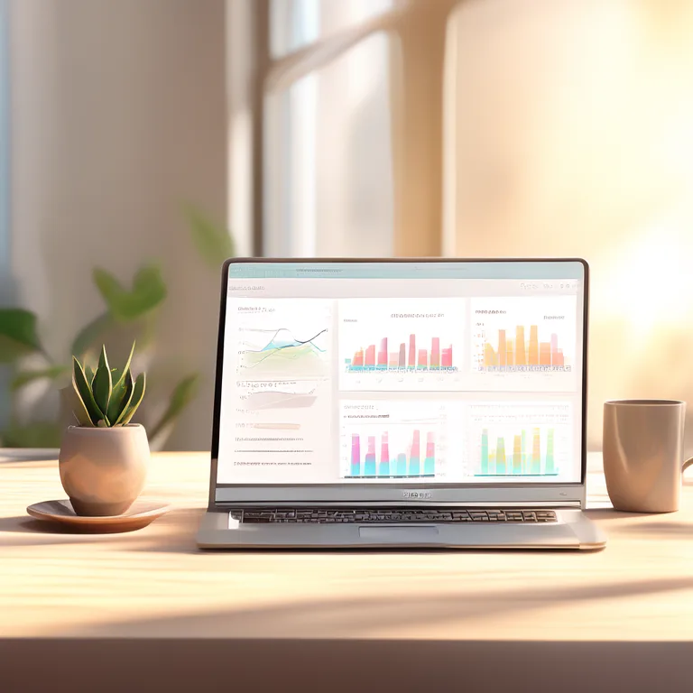 A sleek silver laptop sits on a light oak desk in a sunlit minimalist office, its screen displaying a clean modern SEO…
