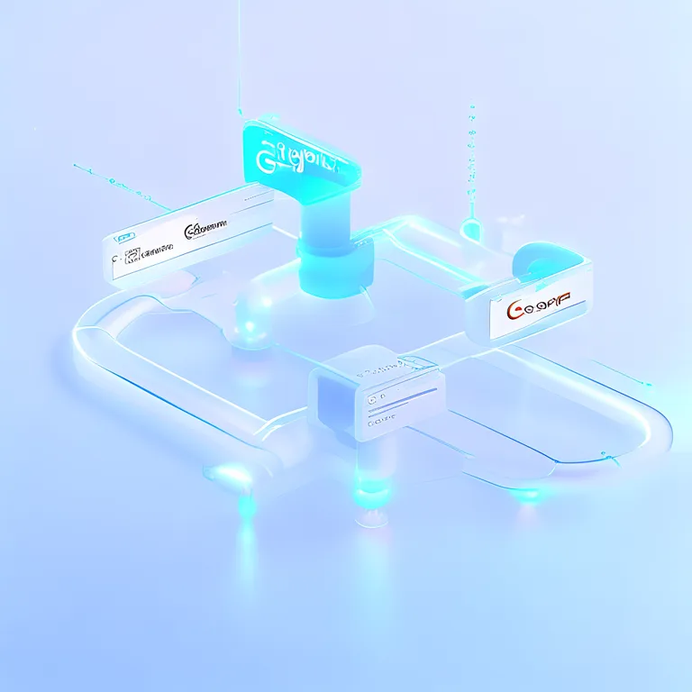 A futuristic yet clean AI workflow diagram rendered in soft blue and white tones, showing glowing data streams flowing from…