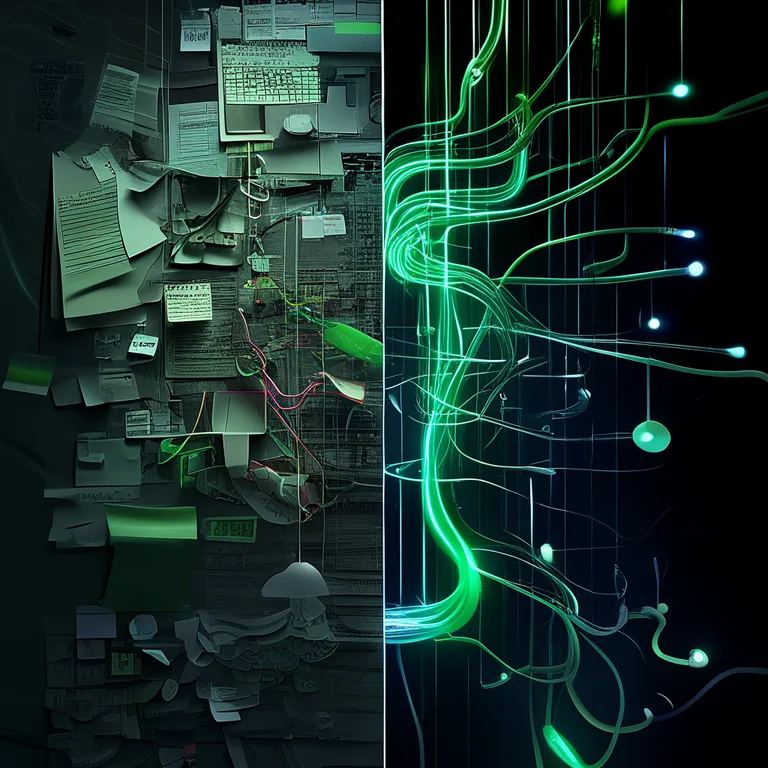 A split-screen comparison illustration: the left half shows a cluttered manual SEO workflow with tangled wires, sticky…
