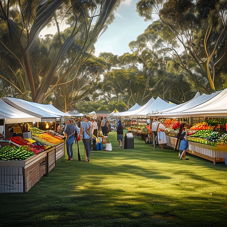 A vibrant Australian farmers market on a sunny morning, white marquee stalls lining a grassy oval, shoppers carrying…
