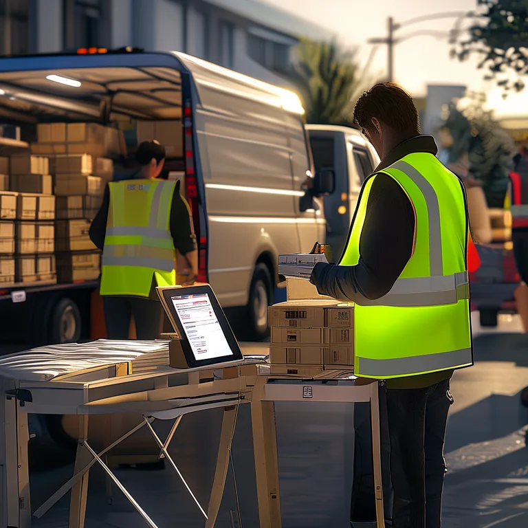 An event organiser standing at a folding table with a tablet displaying a site map and vendor check-in list, a high-vis vest…