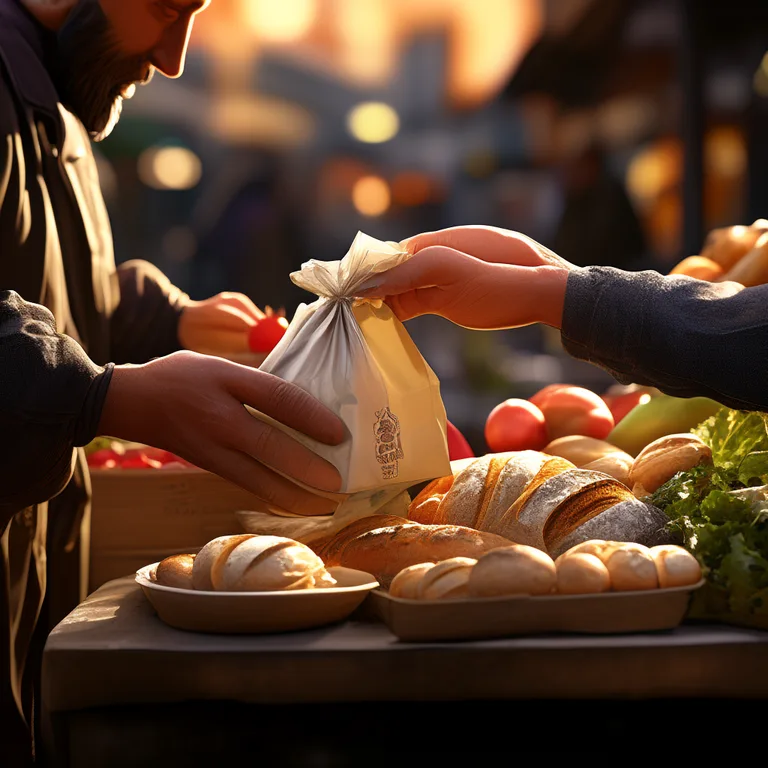 A close-up of a vendor's hands handing a paper bag of fresh produce to a customer across a market stall table, colourful…