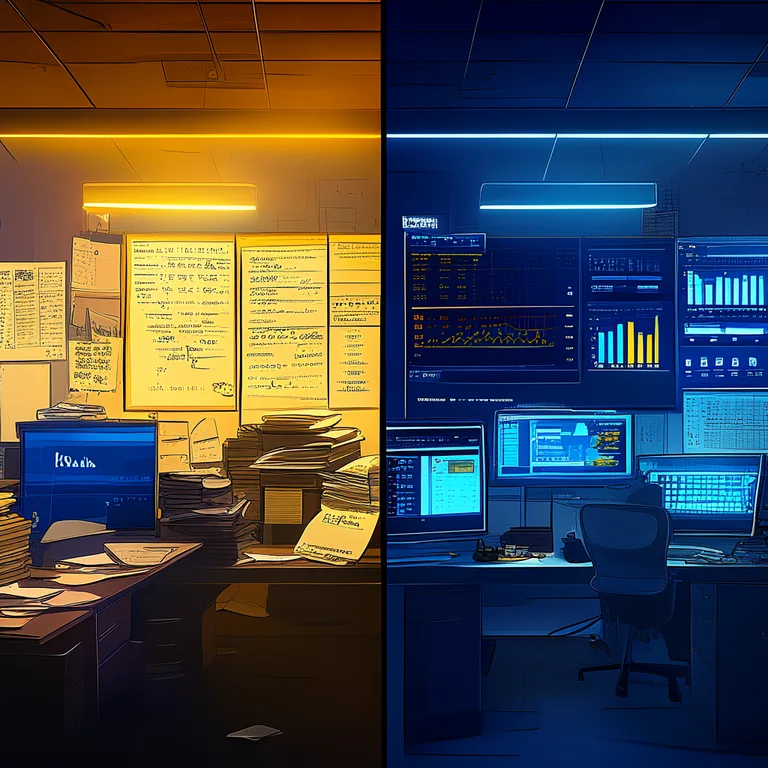 Split-screen editorial illustration: on the left, a traditional SEO agency office with cluttered desks, stacked papers, and…