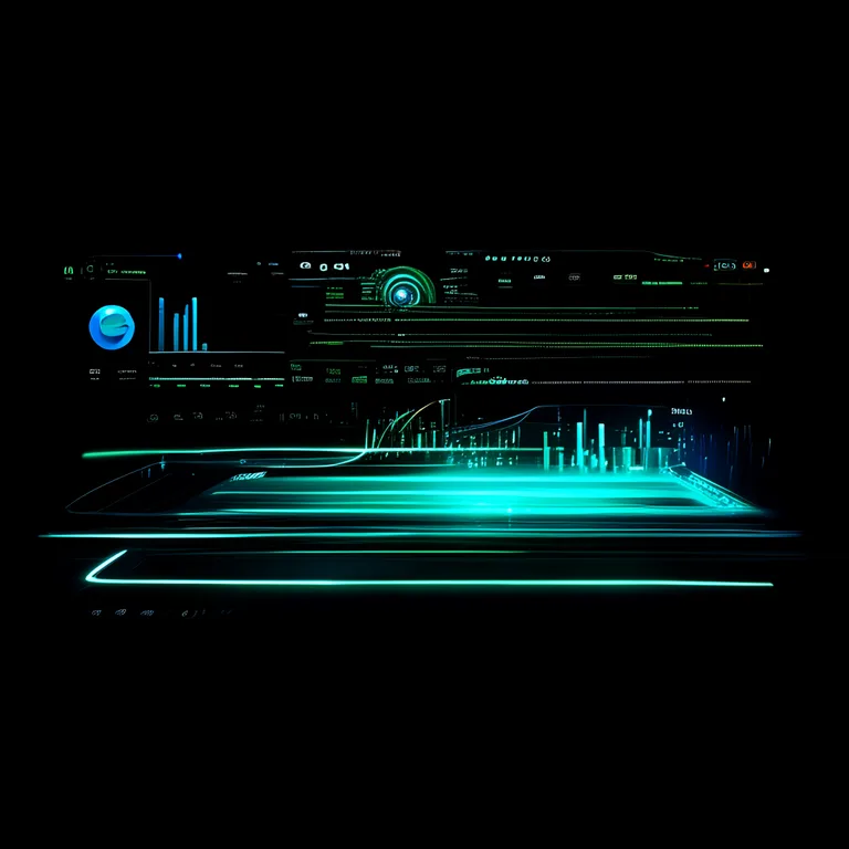 Futuristic dark-UI dashboard visualization where Google Search Console data streams flow as glowing green and blue light…
