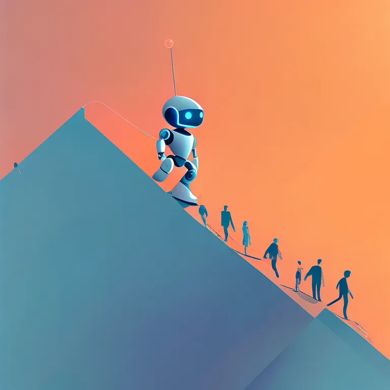 Minimalist flat illustration of a compounding growth curve: a small AI robot climbs a steep upward exponential line while a…
