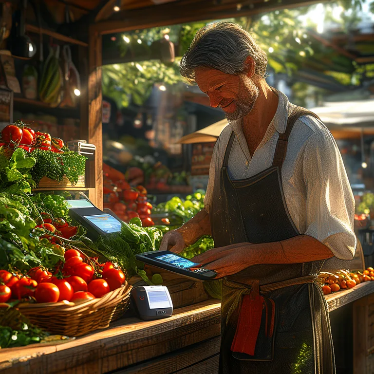 A candid morning scene at a farmers market where a friendly stallholder in an apron taps a tablet-based point of sale systemβ¦
