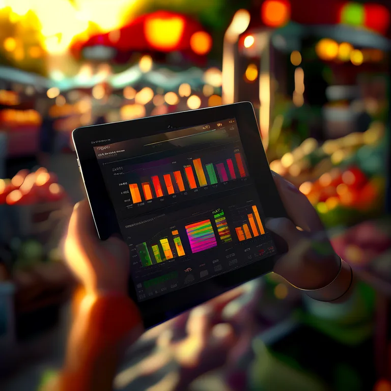 A close-up of a tablet screen displaying a clean, modern revenue dashboard with colorful bar charts and a top-selling itemsβ¦