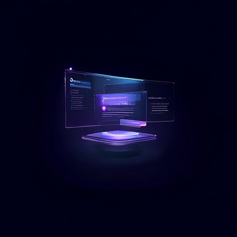A futuristic AI search interface on a floating translucent screen answering a user's typed question with a highlighted…
