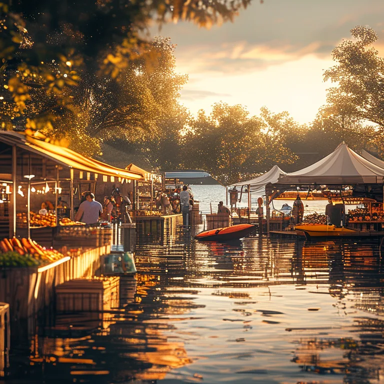 A bustling lakeside aquatics market at golden hour, with wooden food stalls, kayak rental tents, and families browsing…