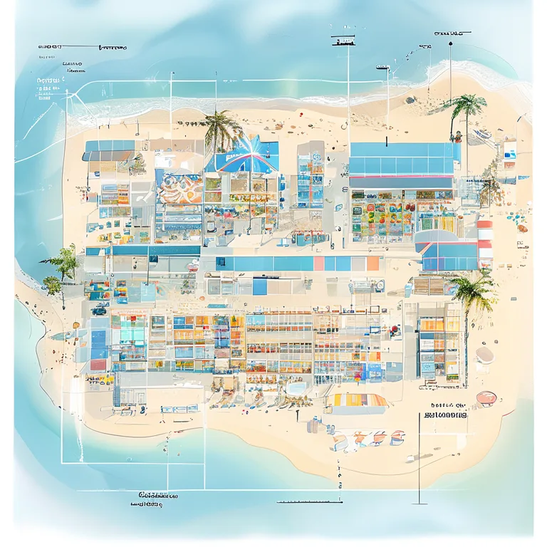 A clean flat-design aerial site plan of a beach market, featuring colour-coded stall zones, marked power point icons, and a…