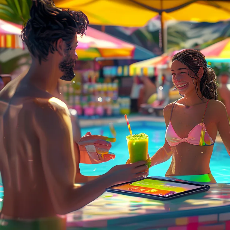 A friendly vendor at a bright poolside market hands a fresh smoothie to a smiling customer, while a tablet POS on the…