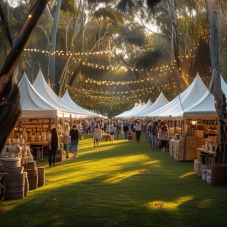 A wide-angle photograph of a bustling outdoor arts and crafts fair in a leafy Australian park, with white marquee tents…