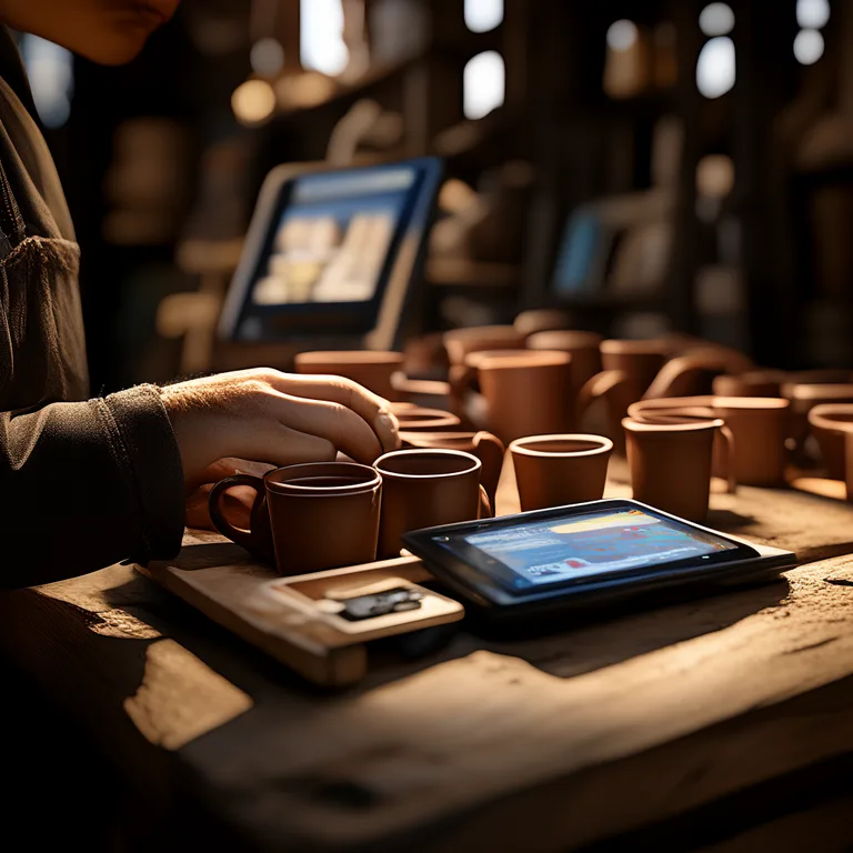 A close-up photograph of a craftsperson's hands carefully arranging handmade ceramic mugs on a rustic wooden stall table…
