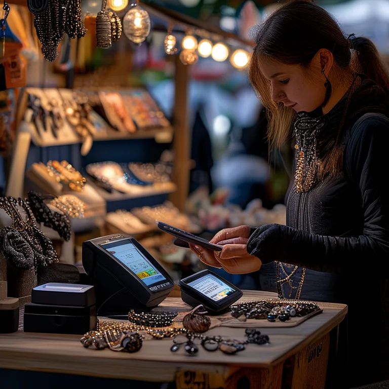 A candid photograph of a craft fair vendor at their stall using a tablet-based point-of-sale system, with a small Bluetooth…