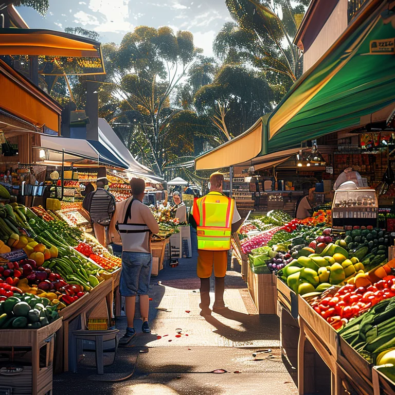Wide-angle photo of a bustling Australian farmers market on a bright sunny morning, families strolling between colourful…