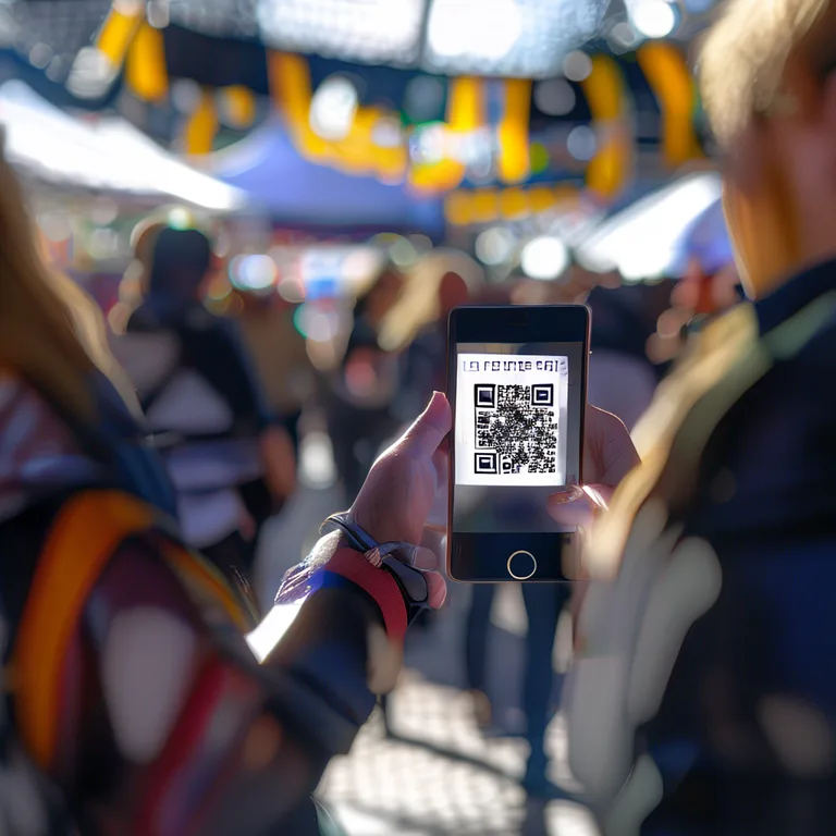 Close-up shot of an attendee's phone screen displaying a QR code being scanned by an event staff member's tablet at a market…