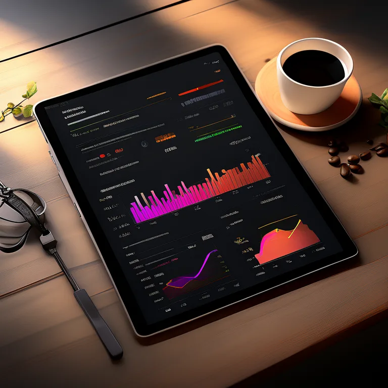 Overhead view of a tablet screen on a wooden table showing a live event analytics dashboard with bar charts of attendance by…