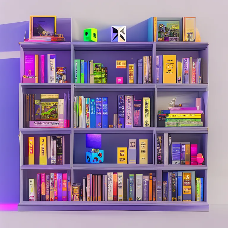 A bookshelf organized by game development topics with labeled sections for architecture, AI, design, and optimization…