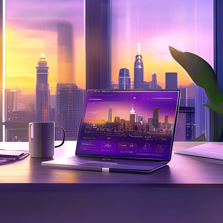 A modern real estate agent's desk with a sleek laptop displaying a dashboard of AI-generated content for homes for sale, a…