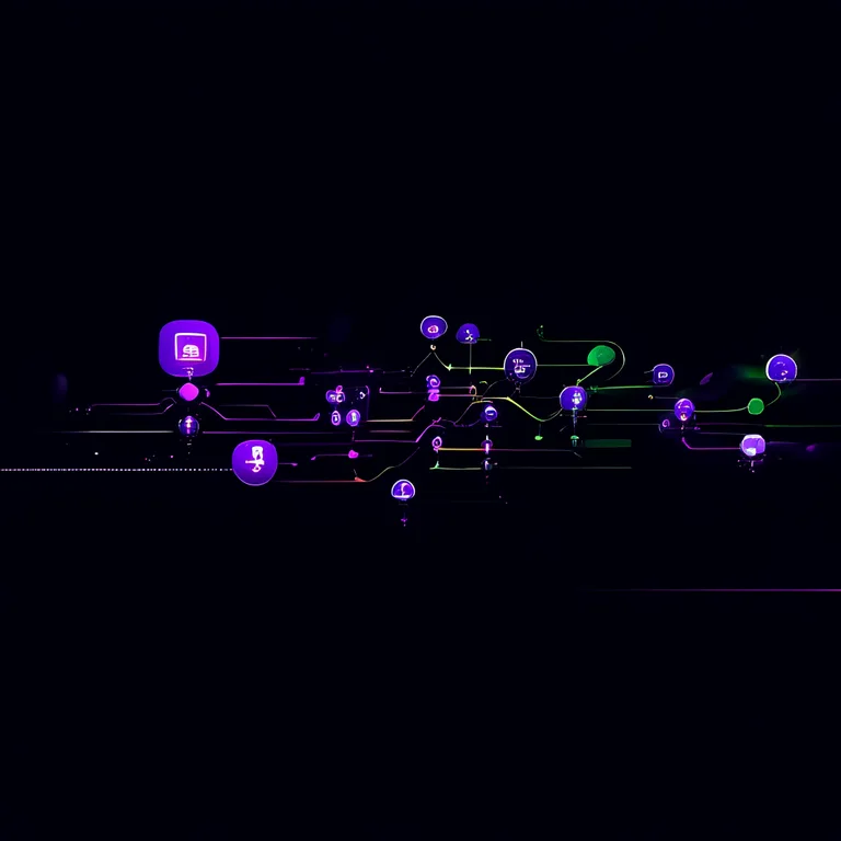 A futuristic flowchart diagram showing multiple AI agents working in sequence — research, drafting, optimization, publishing…