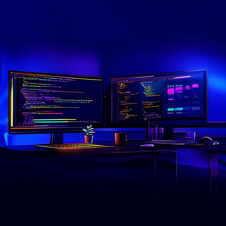 A modern developer workspace with two monitors, the left screen showing Python code in a dark IDE with colorful syntax…