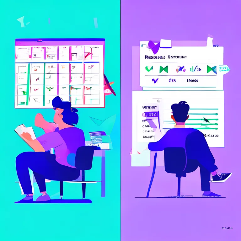 A flat vector split-screen illustration: on the left, a stressed marketer frantically juggles spreadsheets, freelancer email…