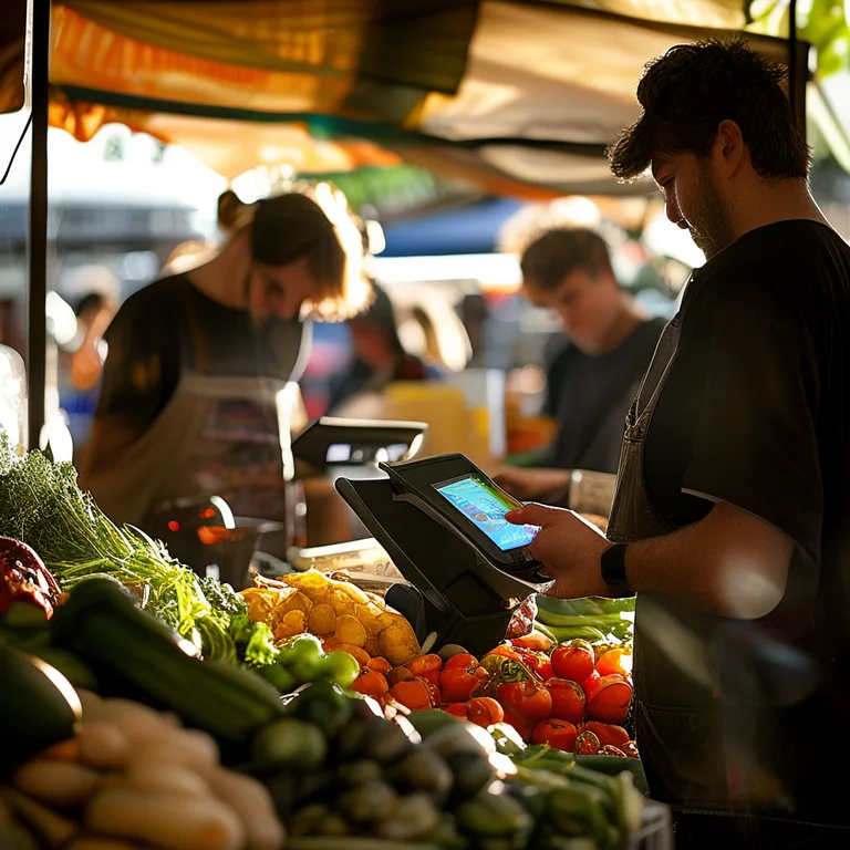 A candid documentary-style photograph of a food vendor at a busy Australian farmers market stall, one staff member takes a…