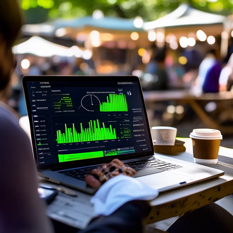 An event organiser reviewing a live analytics dashboard on a laptop at an outdoor market, photographed in candid style, the…