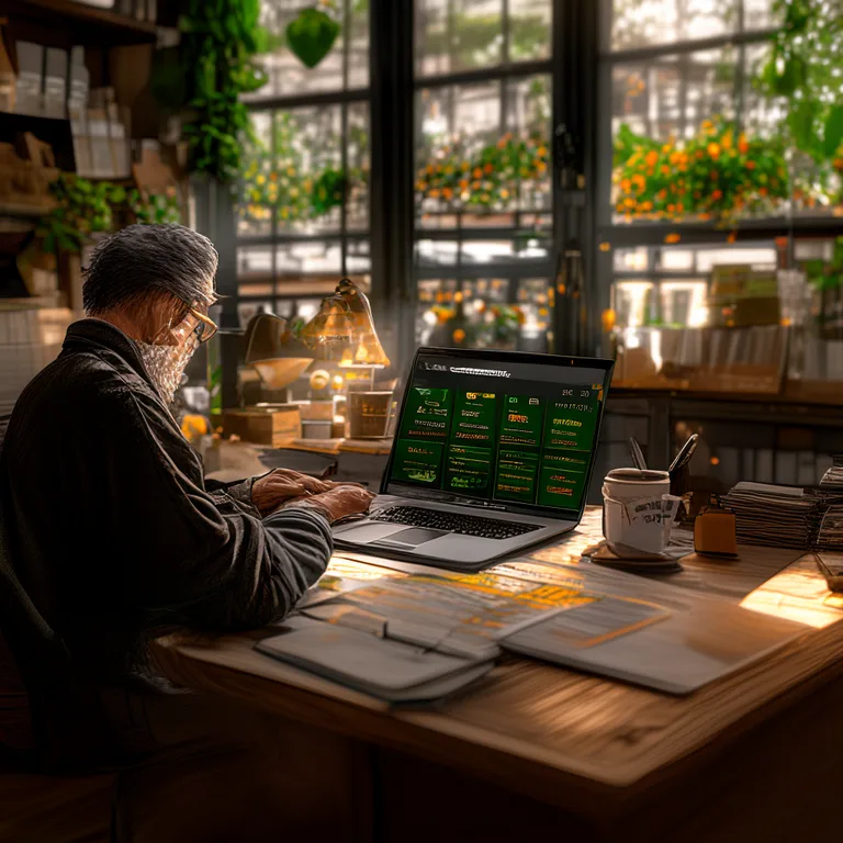 A market organiser sits at a wooden desk reviewing vendor applications on a laptop, the screen showing a clean dashboard…
