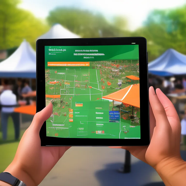 A tablet held by an event coordinator displays a digital site map with colour-coded stall zones—green for food, orange for…