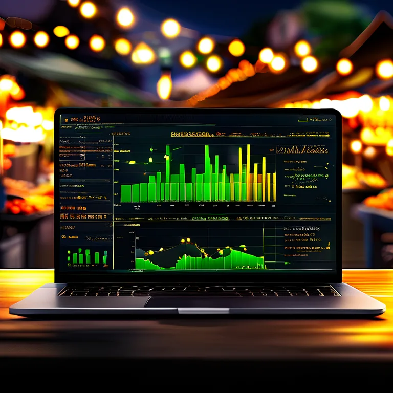 A laptop screen shows a live analytics dashboard with bar charts of stall-by-stall revenue, a peak hour heatmap, and a list…